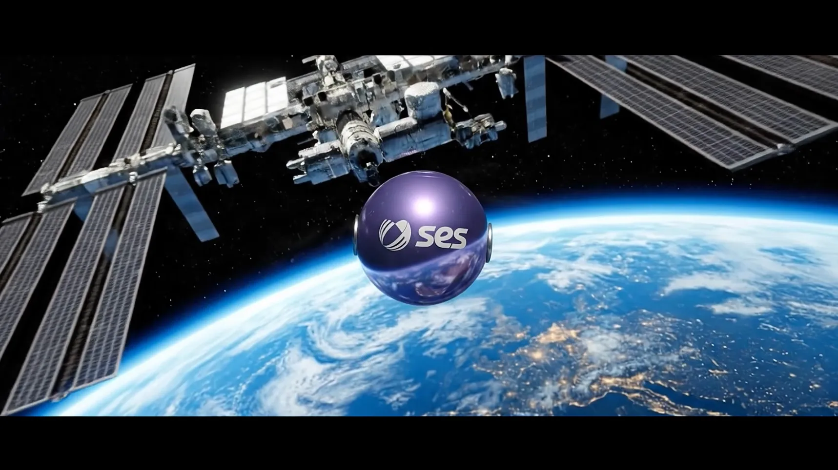 Frame from the SES launch film, the brand mascot orbiting Earth beside the ISS
