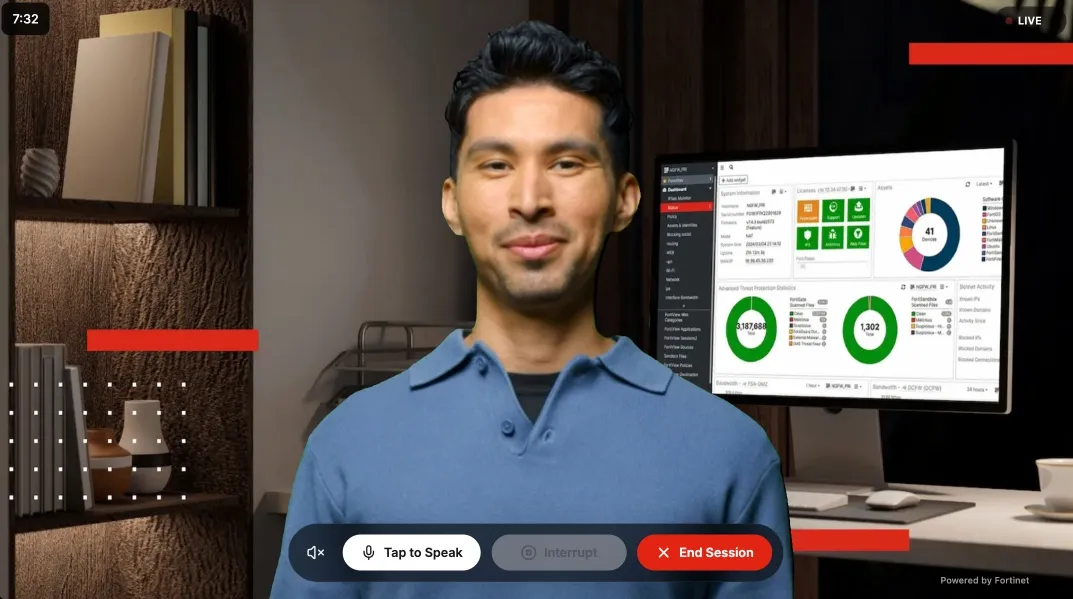 Fortinet's live avatar session running beside a security dashboard.