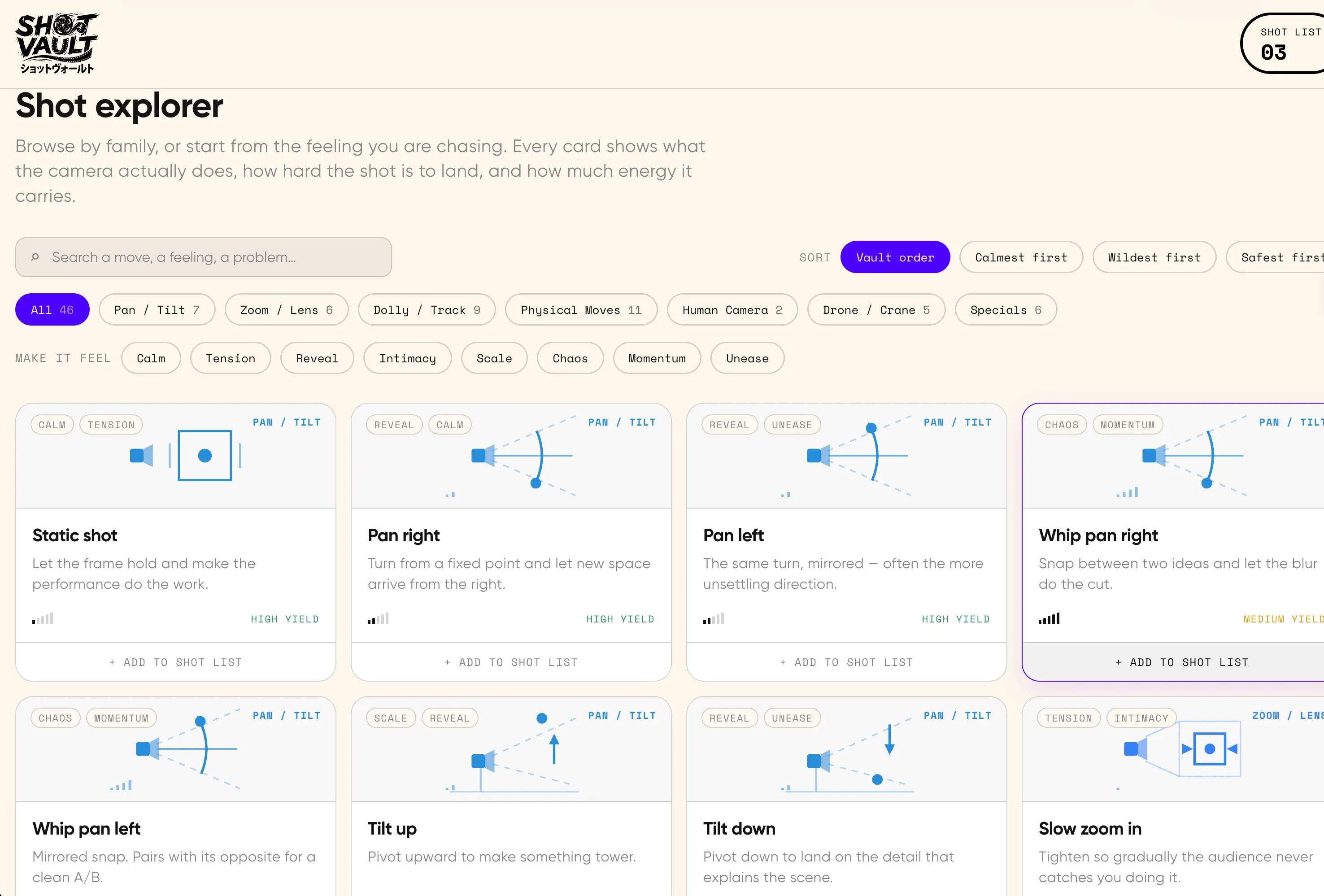 ShotVault, a camera-movement reference tool built by Fiction Tribe.
